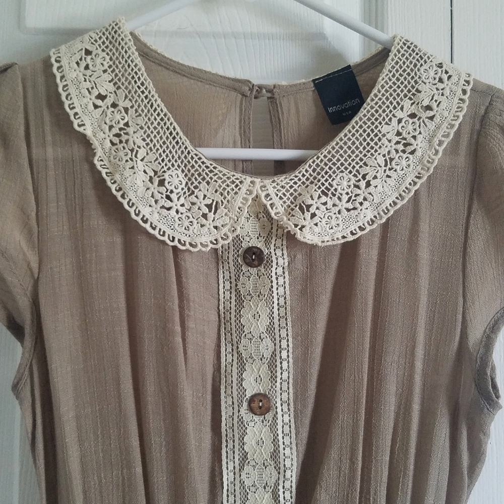 INNOVATION Taupe Gauze Crochet Collar Dress Small - Picture 3 of 11